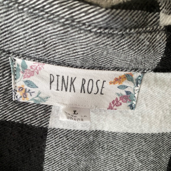 Pink Rose Black and White Plaid Front Button Flannel Top Size L - Picture 3 of 7